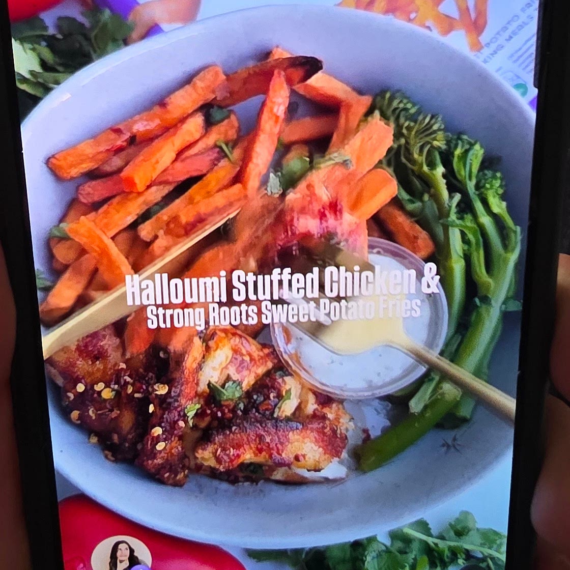 Halloumi stuffed chicken with sweet potato fries and brocolli