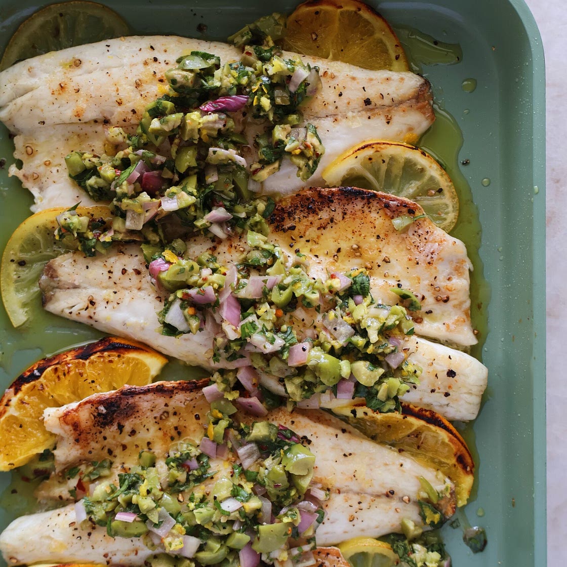 Branzino with Citrus Olive Salsa