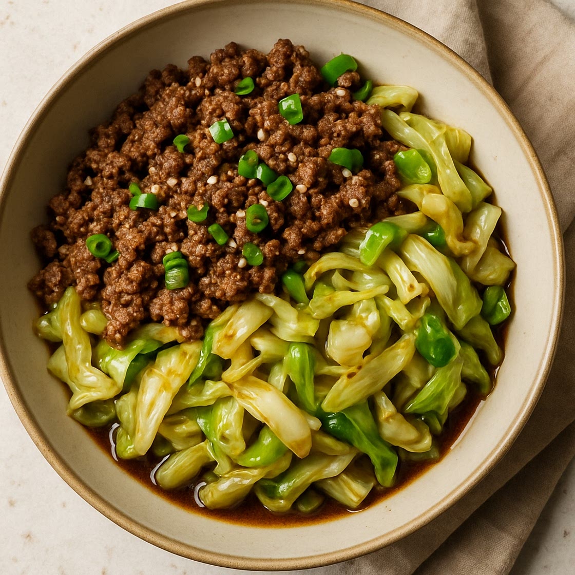Mongolian-Style Ground Beef with Garlic Cabbage in Soy Sauce Glaze