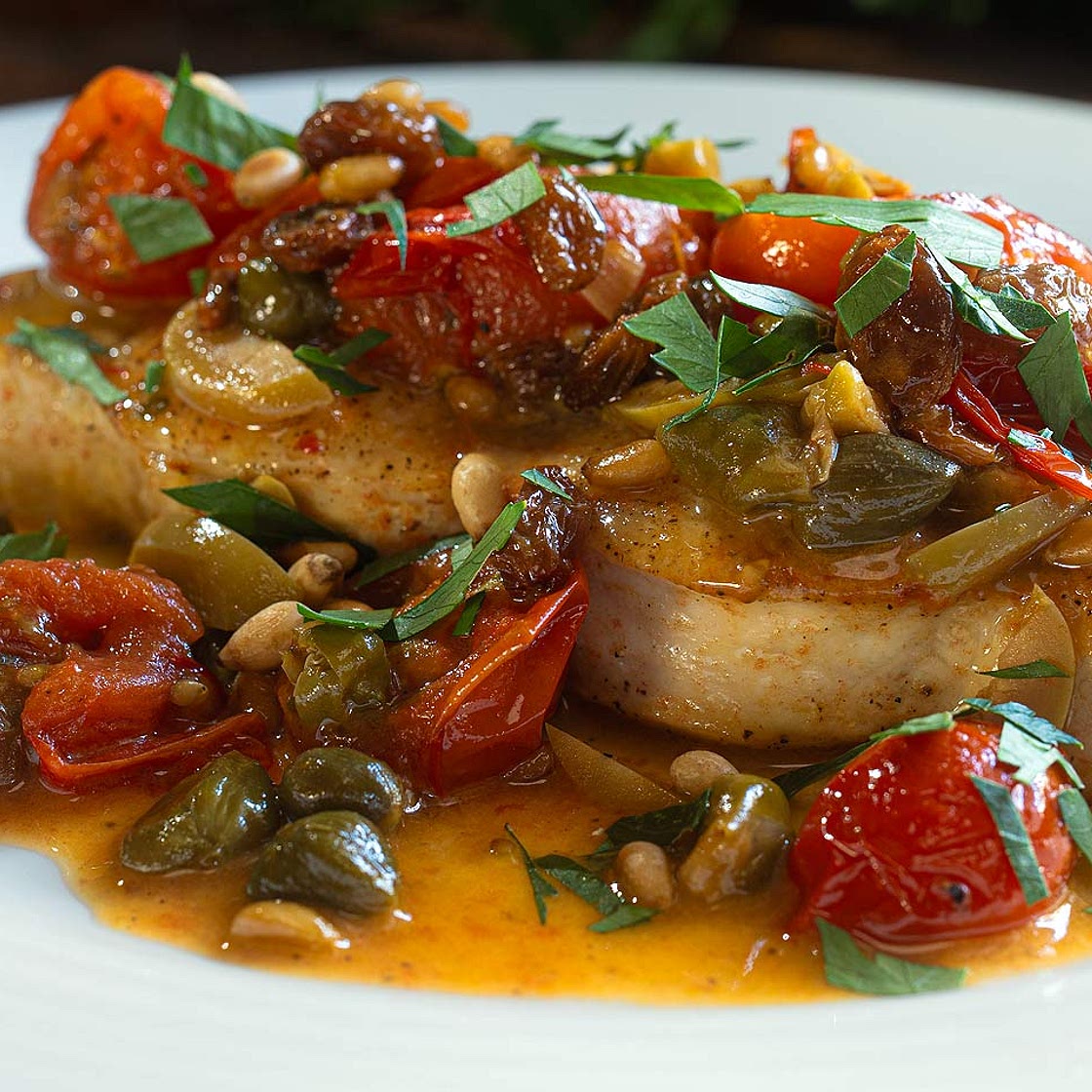 Sicilian Swordfish with Tomatoes - Easy Meals with Video Recipes by Chef Joel Mielle - RECIPE30