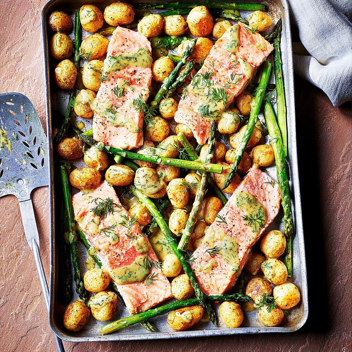 Sea trout, new potato and asparagus traybake with dill mustard sauce