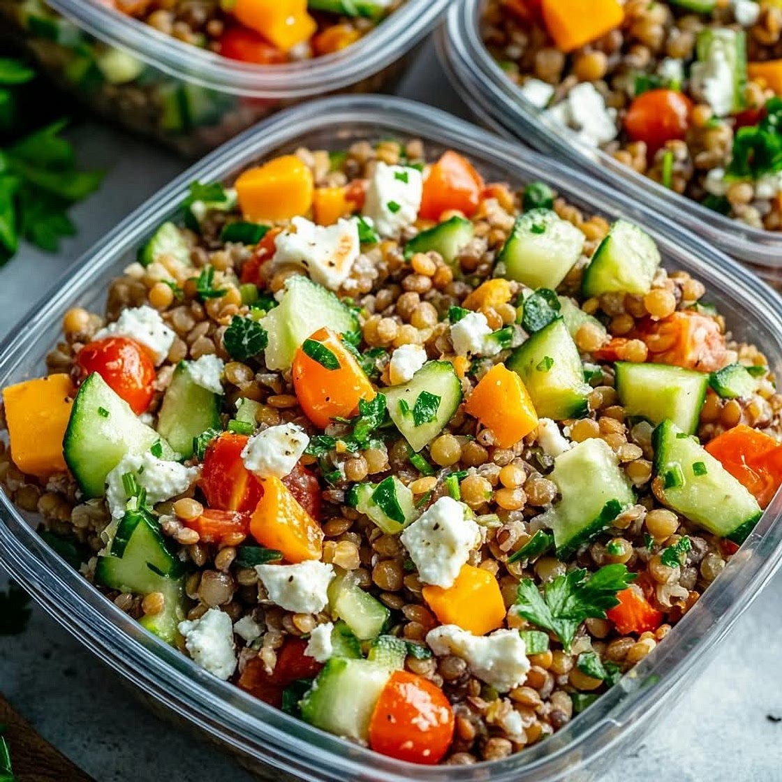 Salade de lentilles fraîche aux légumes croquants et feta