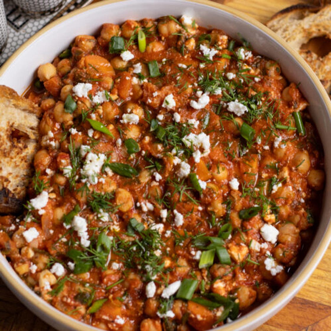 One Pot Harissa Chickpeas with Carrots and Feta