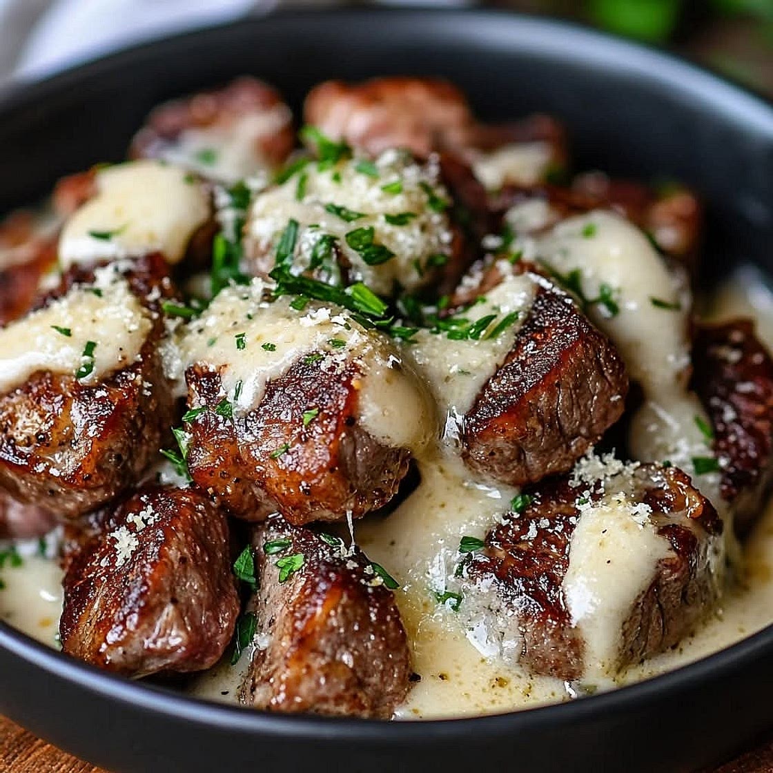 Garlic Butter Steak Bites with Parmesan Cream Sauce