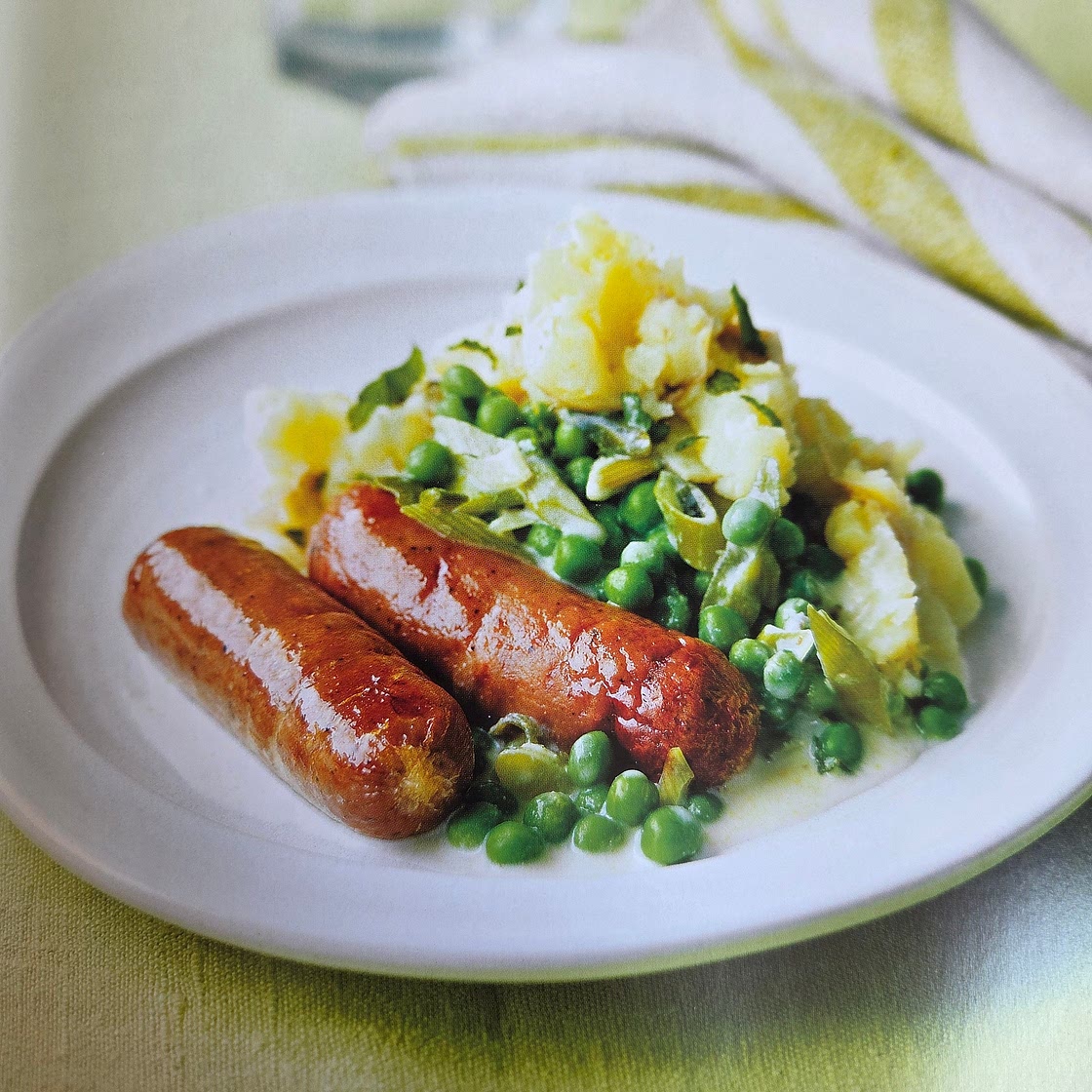 Sausages with crushed new potatoes