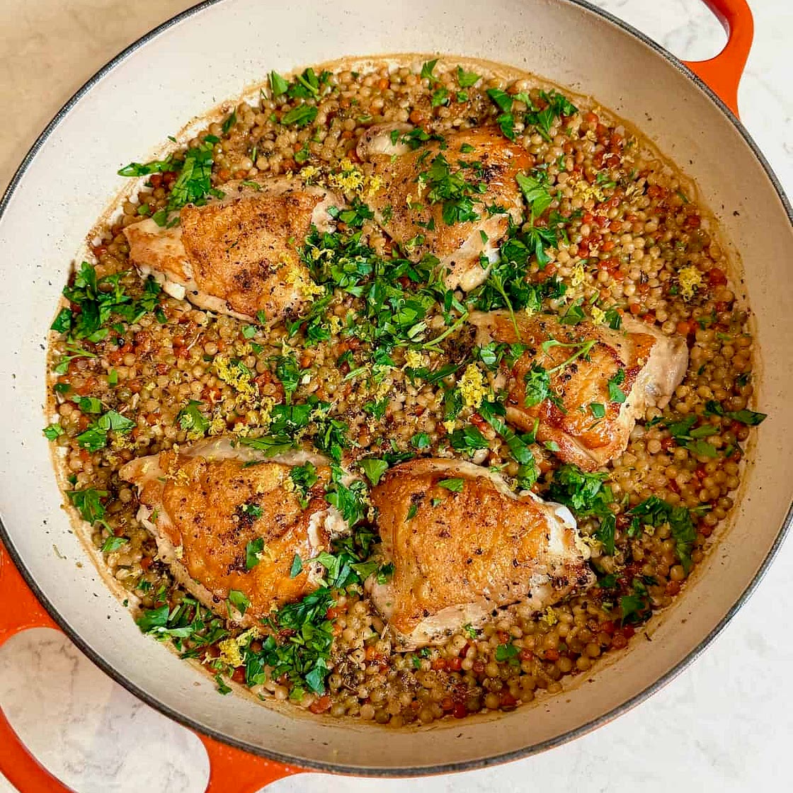 One Pan Crispy Chicken Thighs with Lemon Couscous