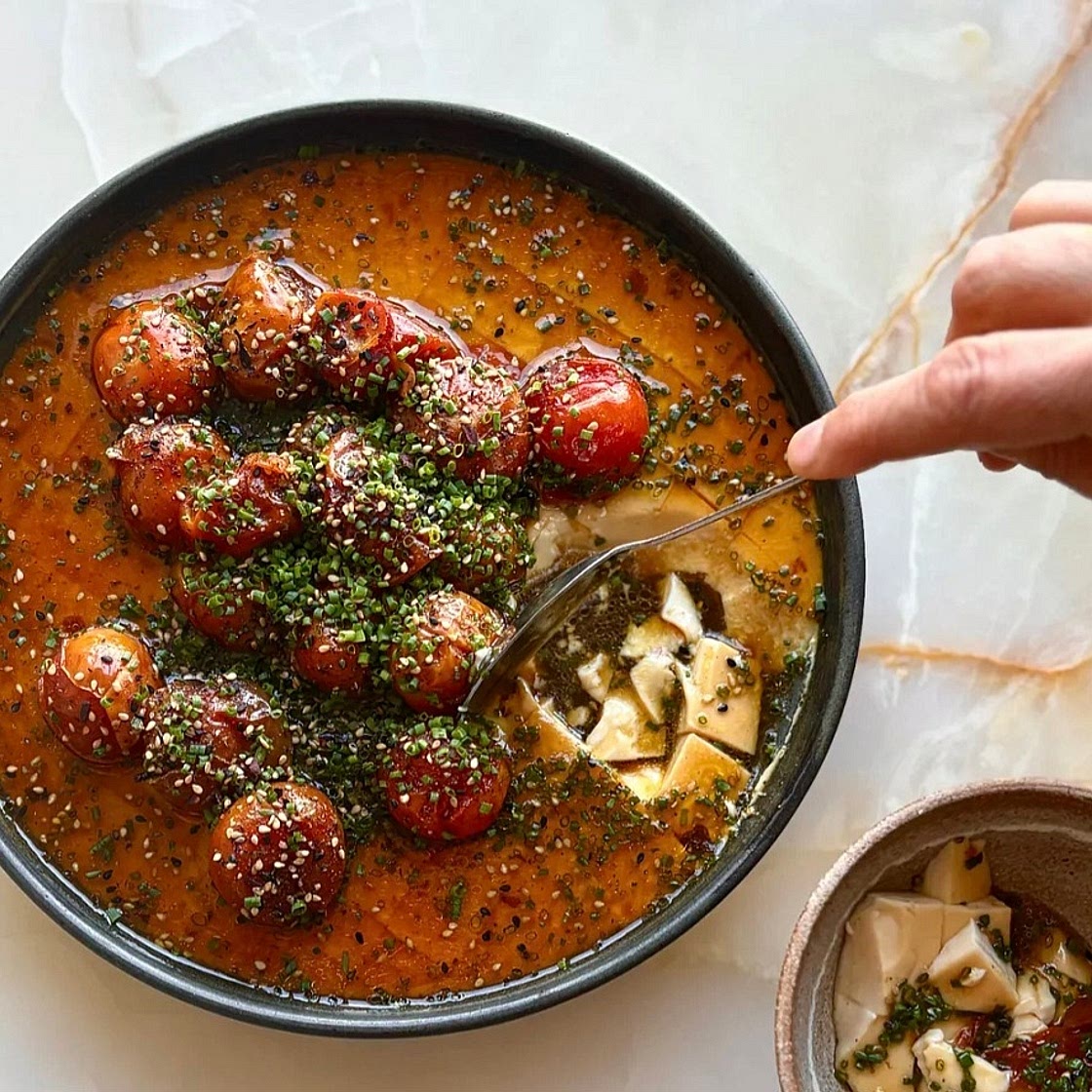 Miso steamed eggs with jammy tomatoes