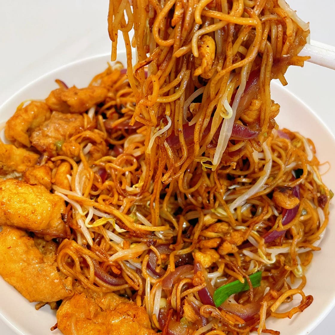 Cantonese Soy Sauce Egg Noodles with Chicken, Tofu & Onion