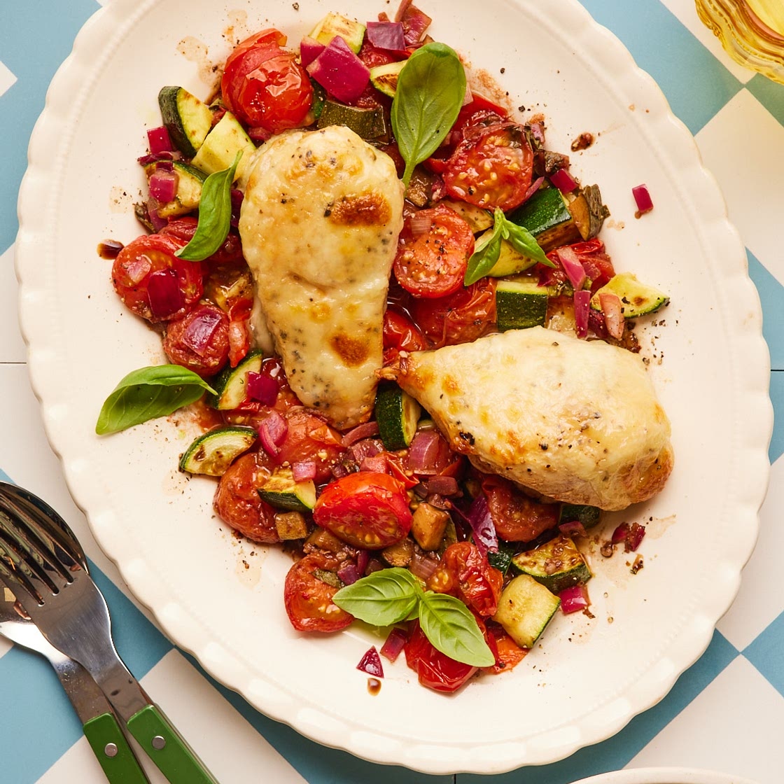 Mozzarella-Topped Chicken with Balsamic Cherry Tomatoes | Slimming & Weight Watchers Friendly