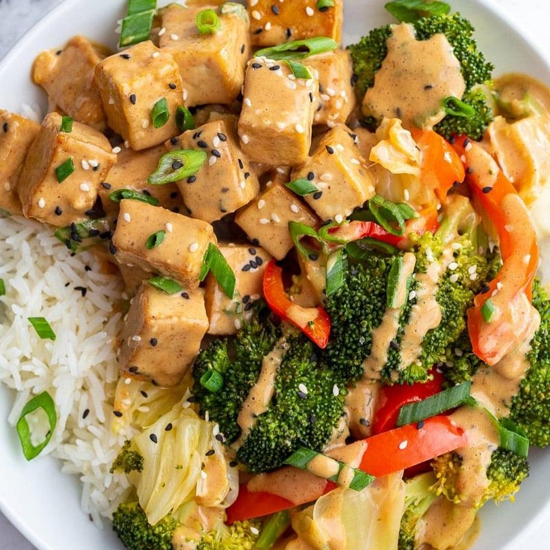 Crispy Tofu Coconut Peanut Stir Fry Bowls