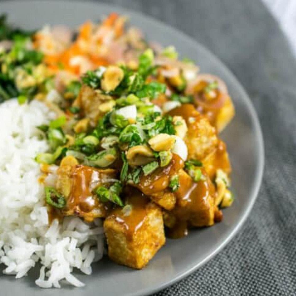 Crispy Tofu Coconut Peanut Stir Fry Bowls
