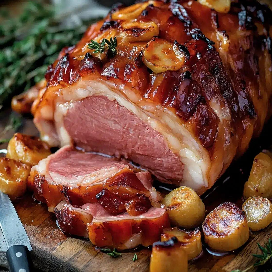 Slow-glazed gammon with cauliflower mash & cumin-roasted roots
