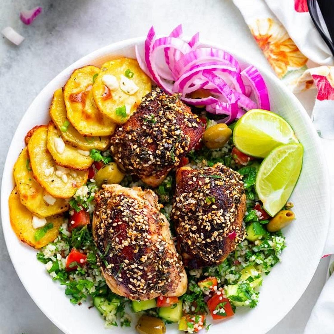 Za'atar chicken thighs with roasted pepper & chickpea salad