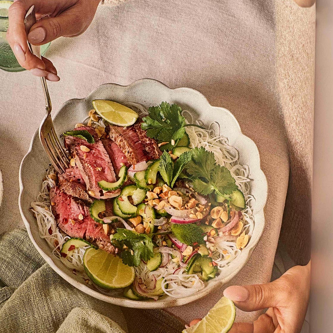Thai steak bowls with pickled cucumber 