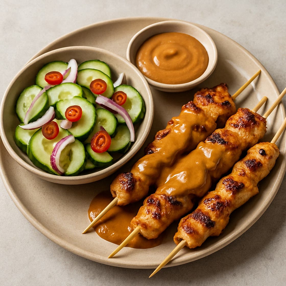 Chicken Satay with Cucumber Salad