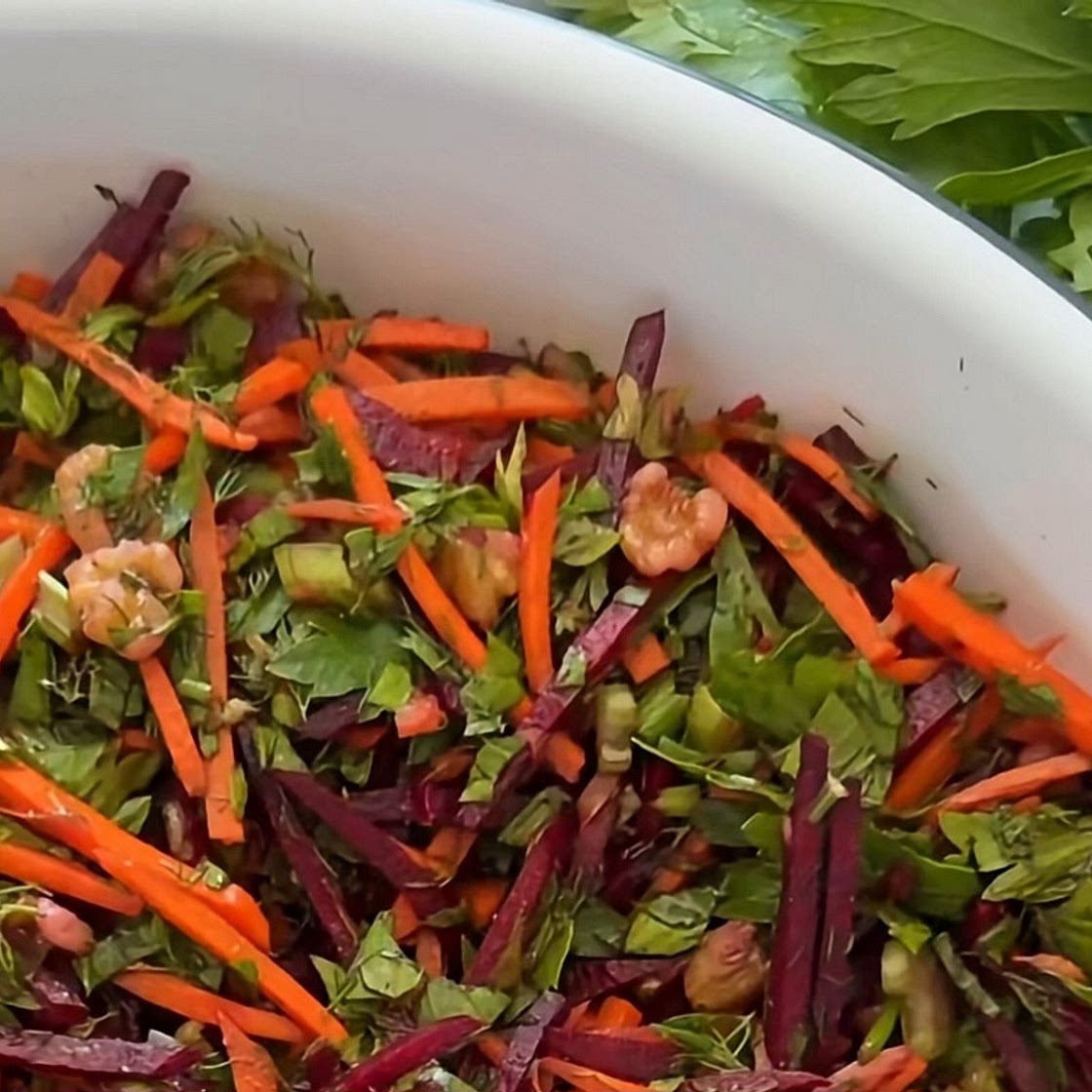Beet, carrot, and walnut salad