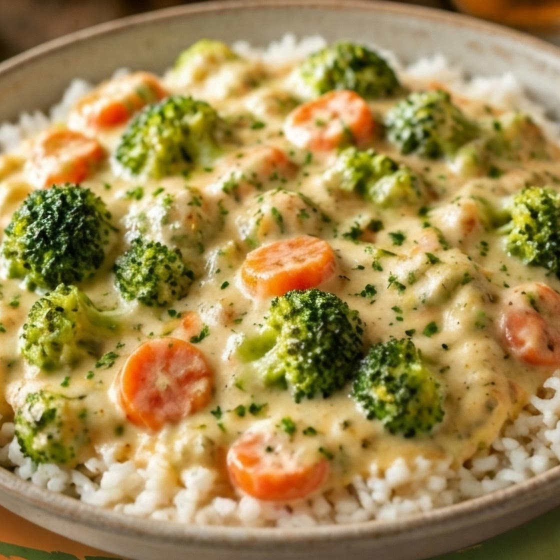 Reis mit Gemüse-Frischkäse-Sauce