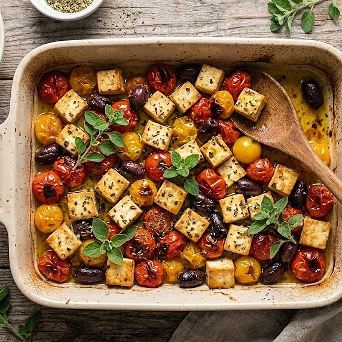 Tofu Mediterráneo al Horno con Tomatitos y Orégano