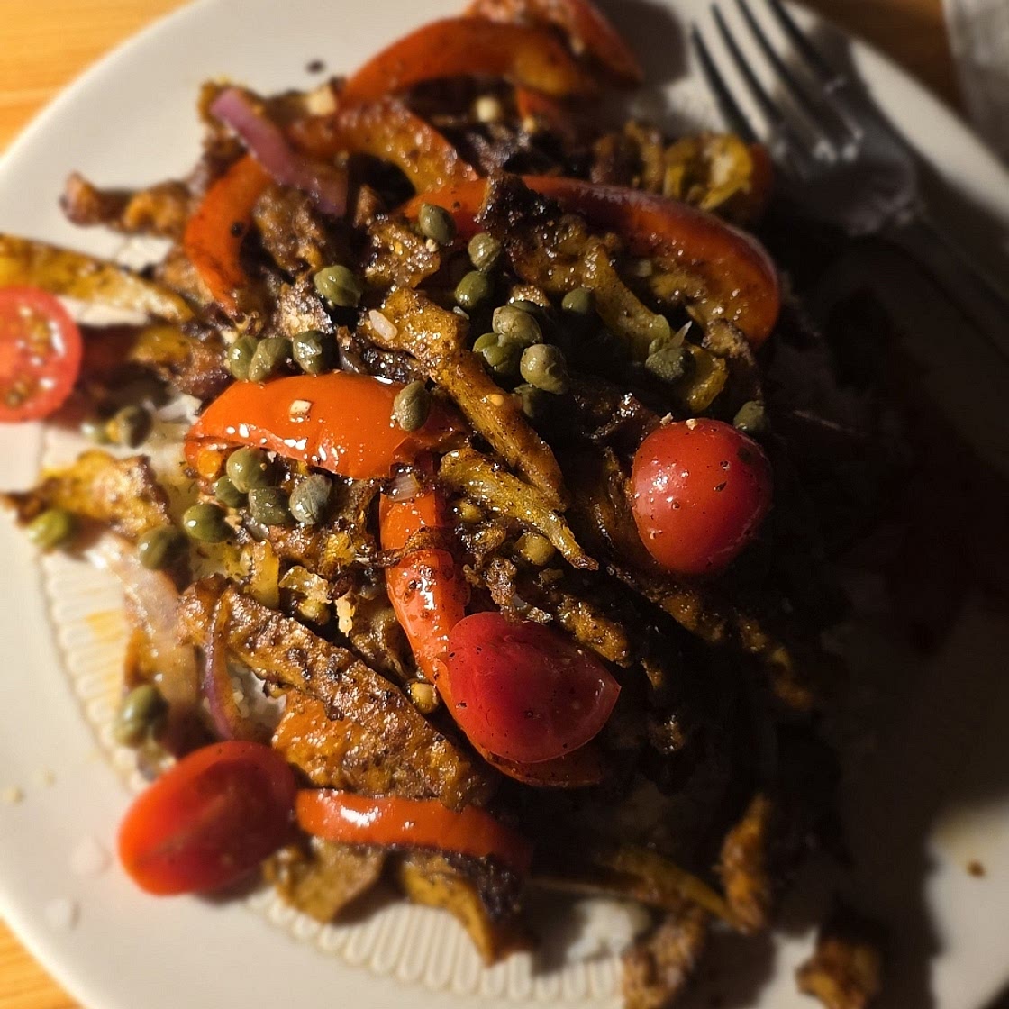 Palestinian Spiced Peppers with Crispy Seitan & Tomato-Caper Relish