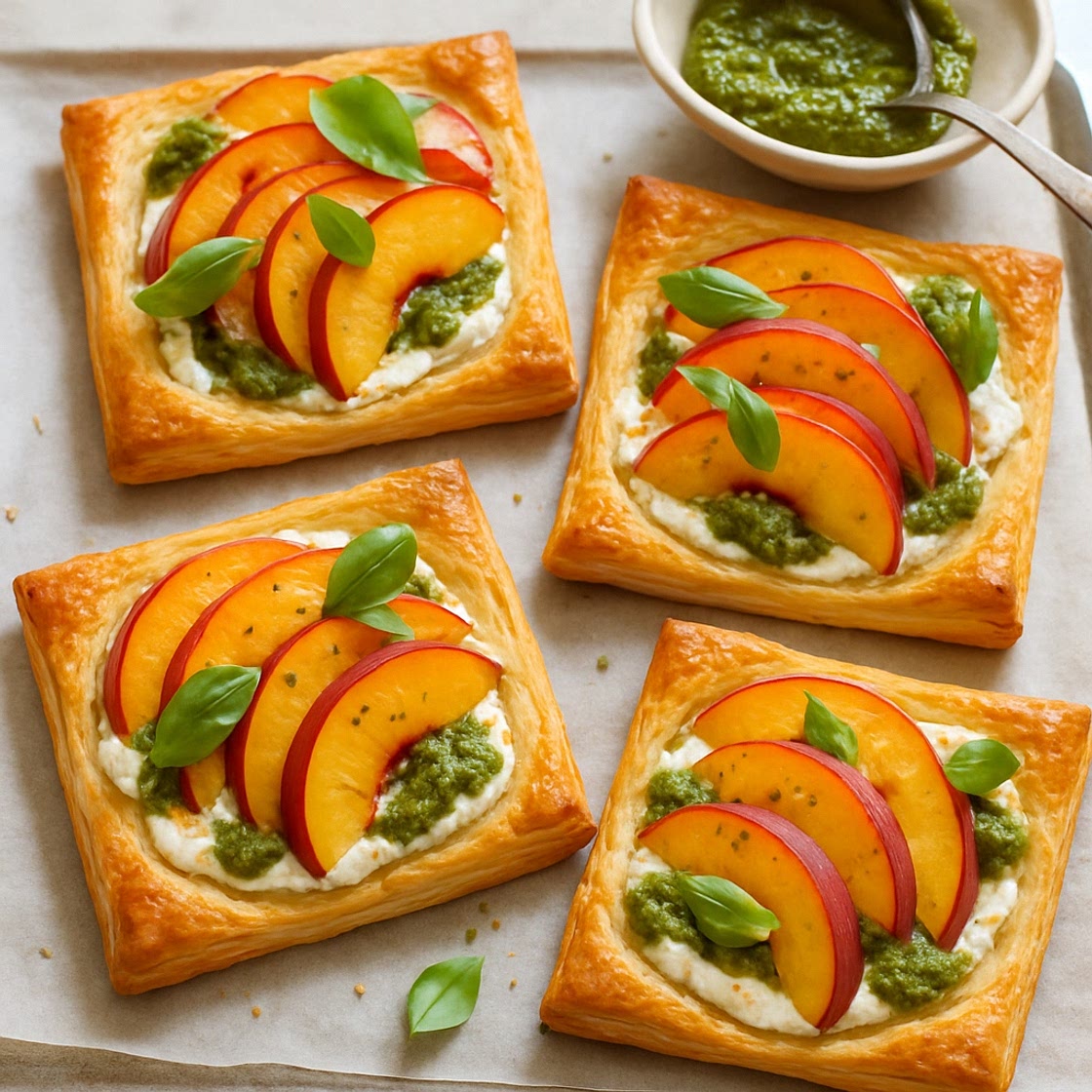 Nectarine, ricotta & pesto tarts