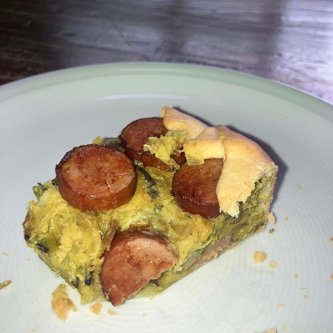 Vegan leek pie with sausage