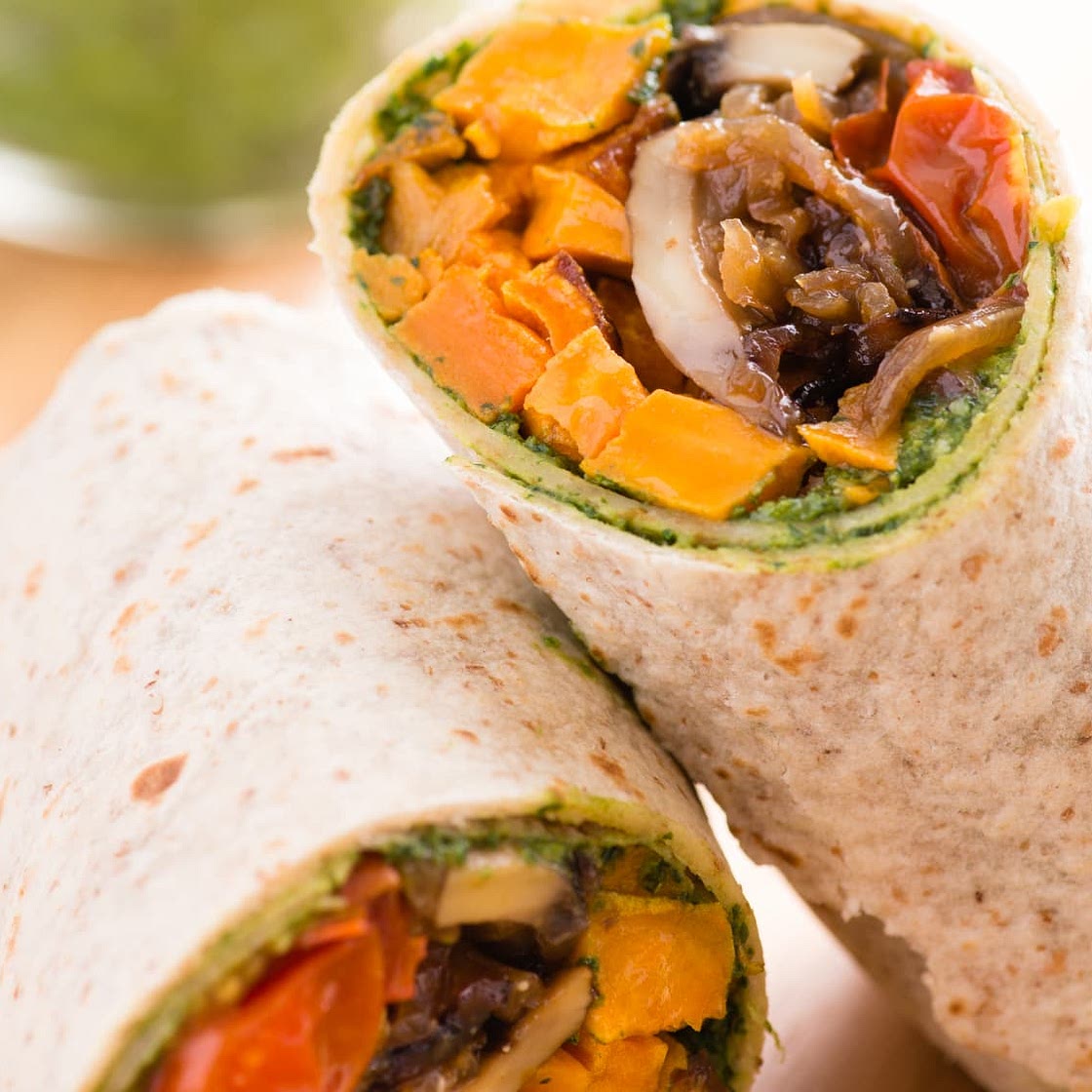 Roasted Sweet Potato Wraps with Caramelized Onions and Pesto