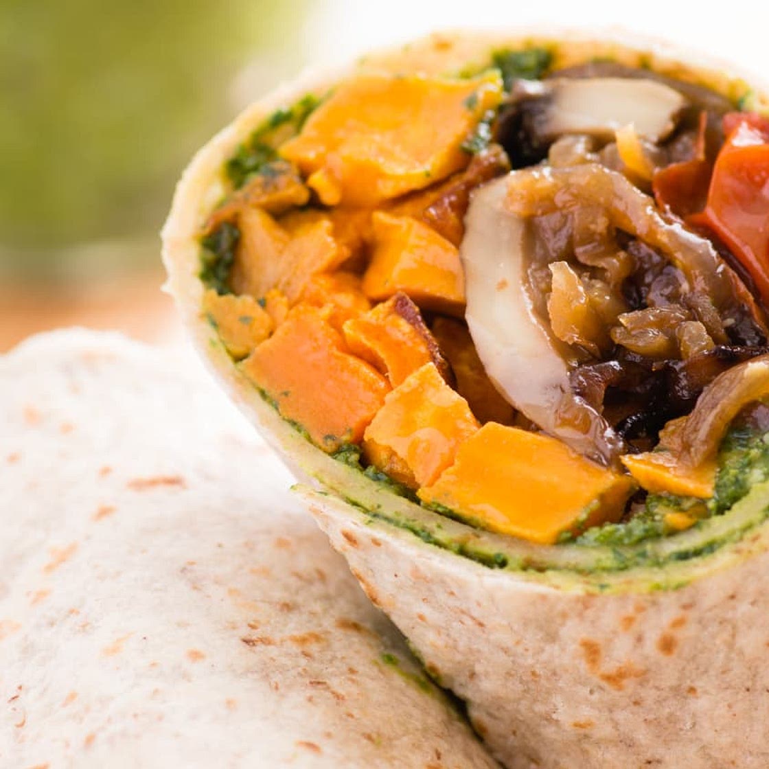 Roasted Sweet Potato Wraps with Caramelized Onions and Pesto