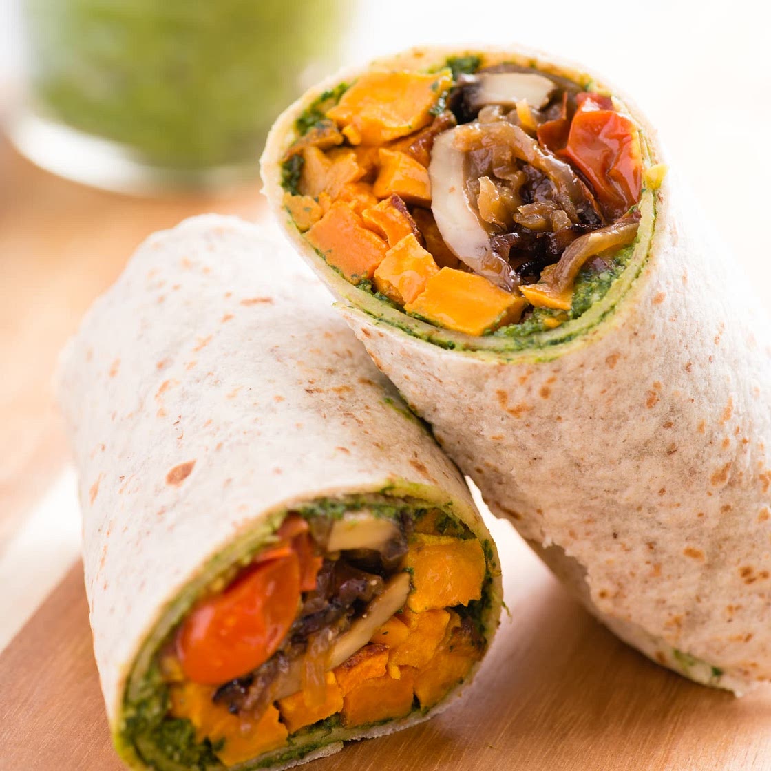 Roasted Sweet Potato Wraps with Caramelized Onions and Pesto