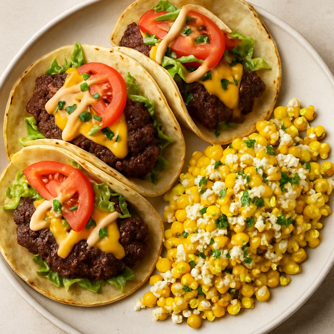 Smash Burger Tacos with Street Corn