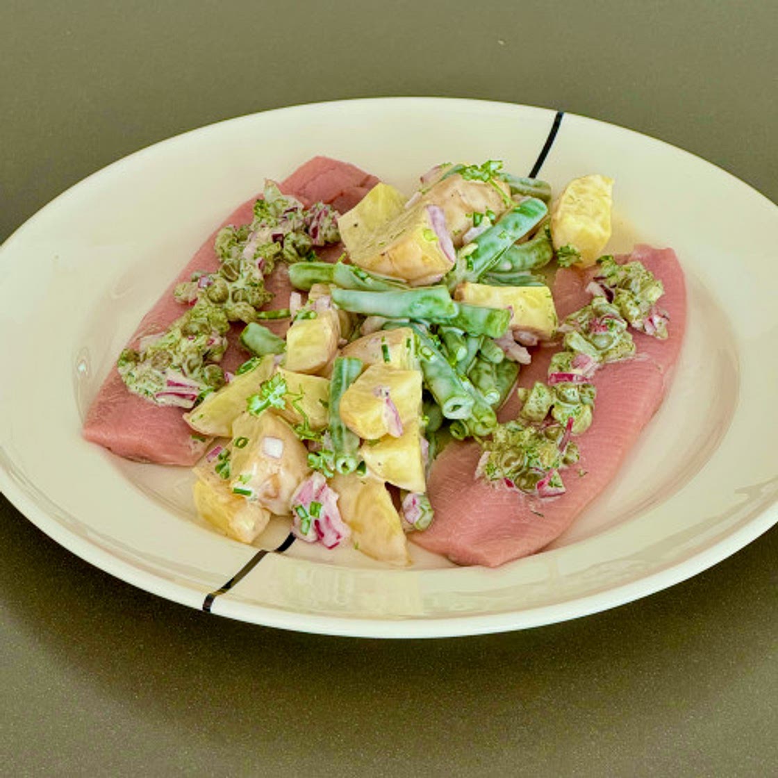 Dutch maatjes with baby potatoes and beans