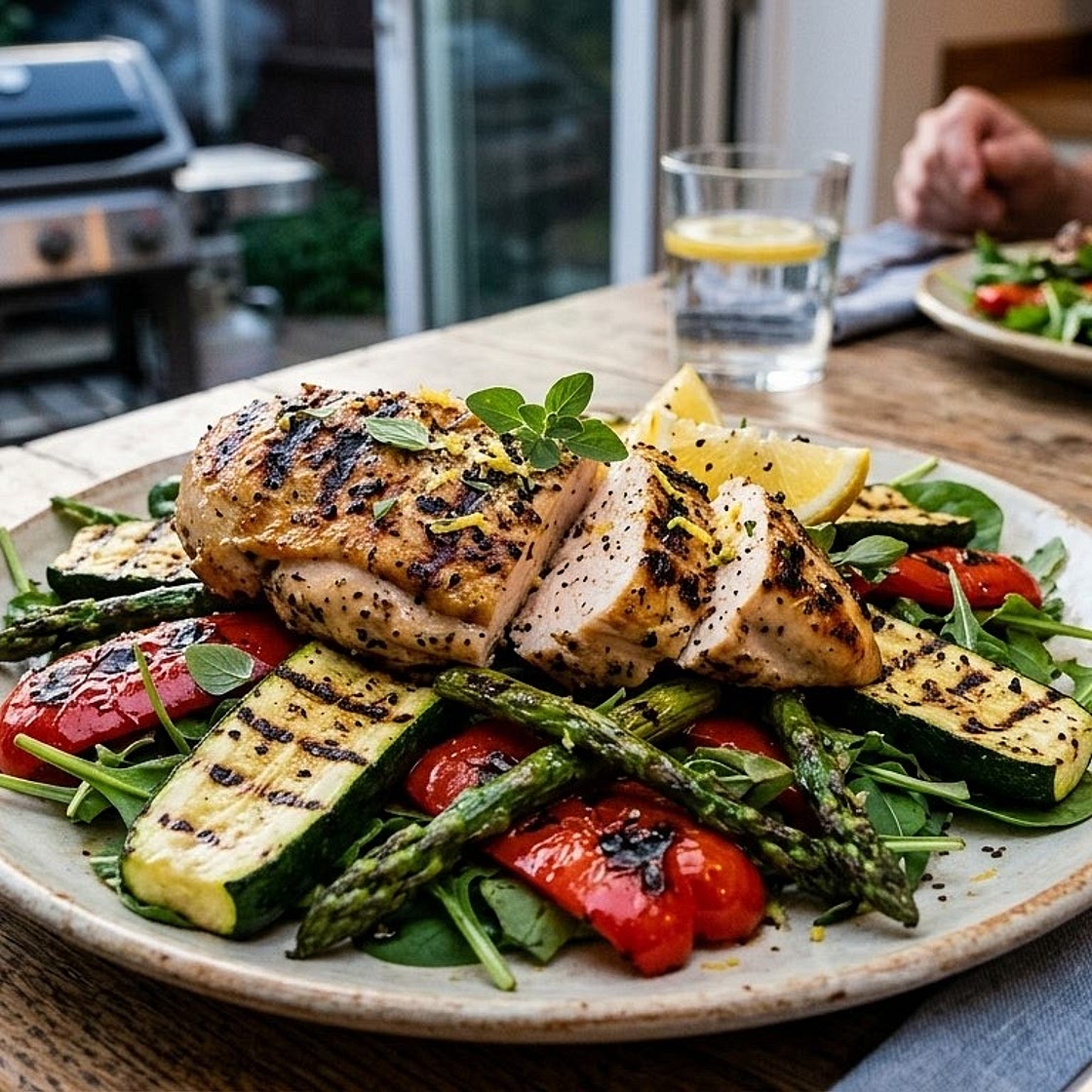 Grilled Lemon-Herb Chicken with Charcoal-Charred Veggie Salad