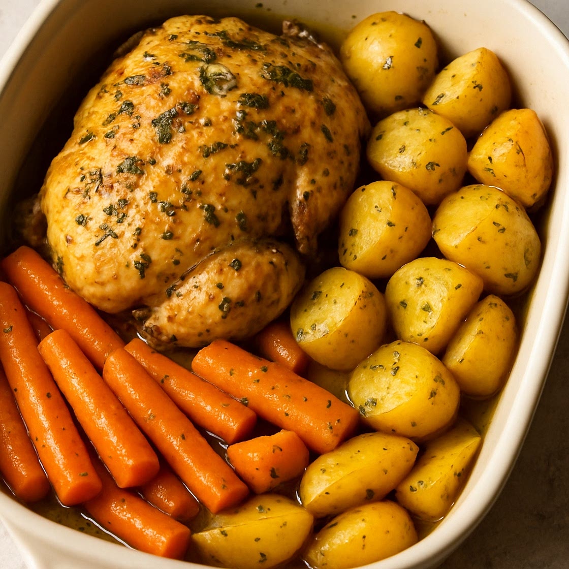 Slow Cooker Herb Butter Chicken, Sweet Carrots & Golden Potatoes