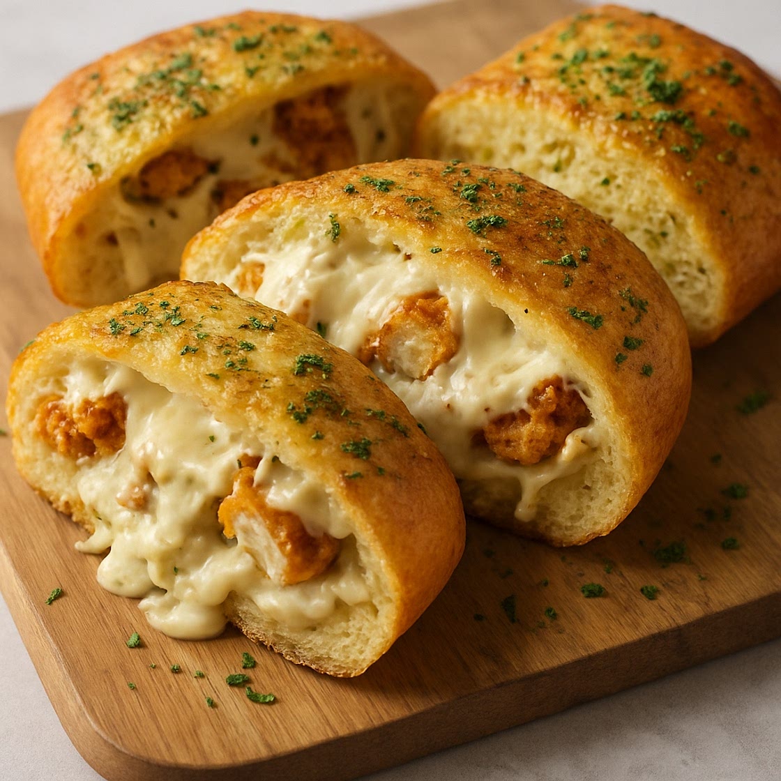 Crispy Chicken Alfredo Stuffed Garlic Bread