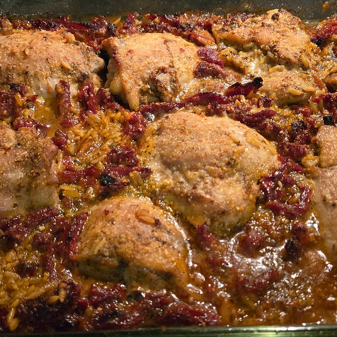 Chicken thighs, Orzo, and sundried tomatoes