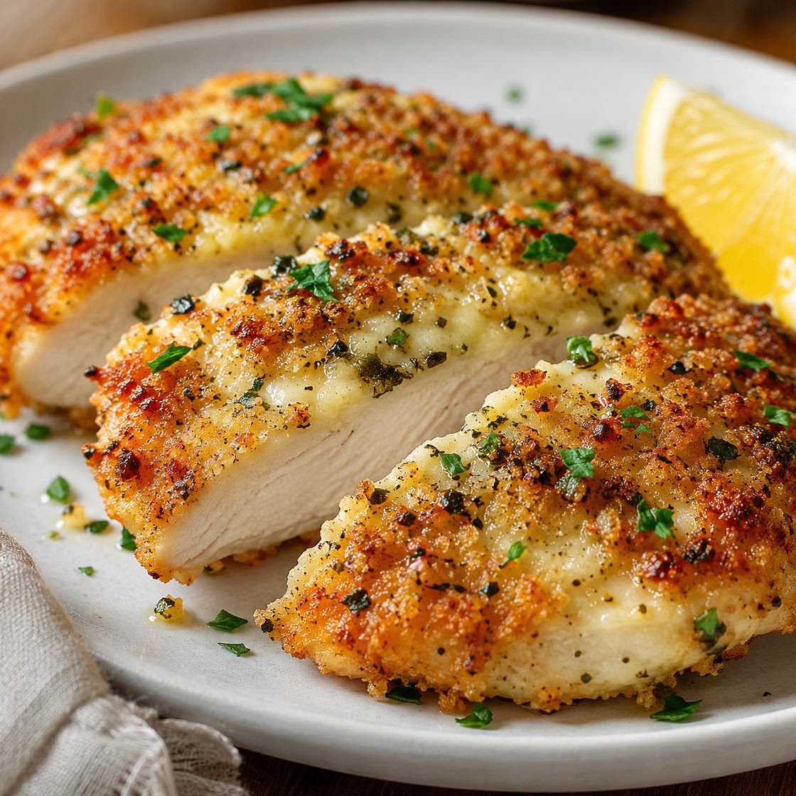 Melt-in-Your-Mouth Garlic Parmesan Chicken with Herbed Crust