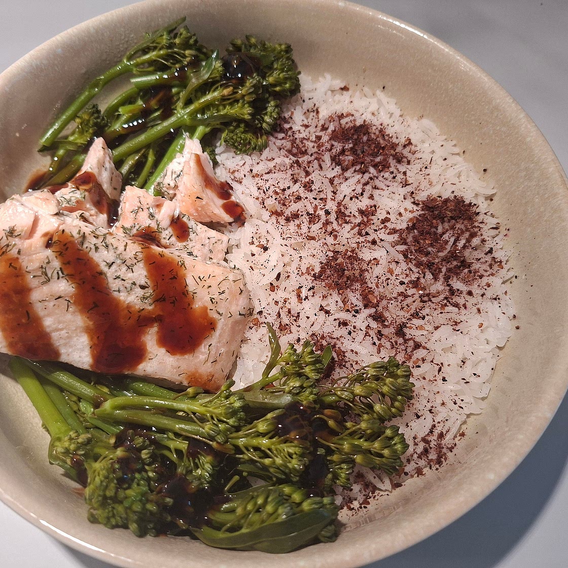Steamed Salmon with Bimi, Rice and Teriyaki Sauce