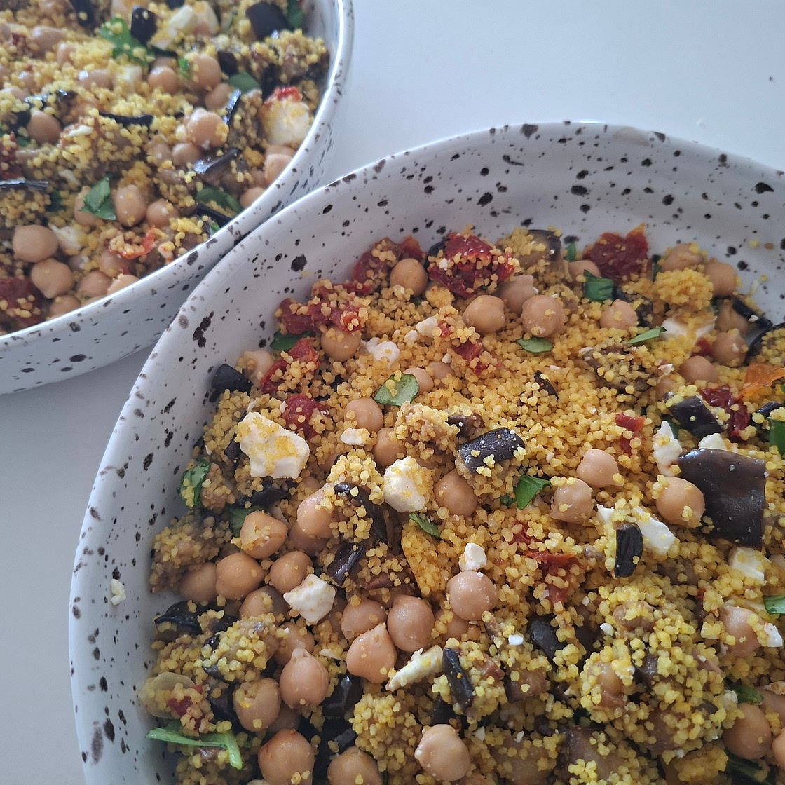 Cous cous - Chickpeas, Eggplant, Feta, Dried Tomatoes and Basil