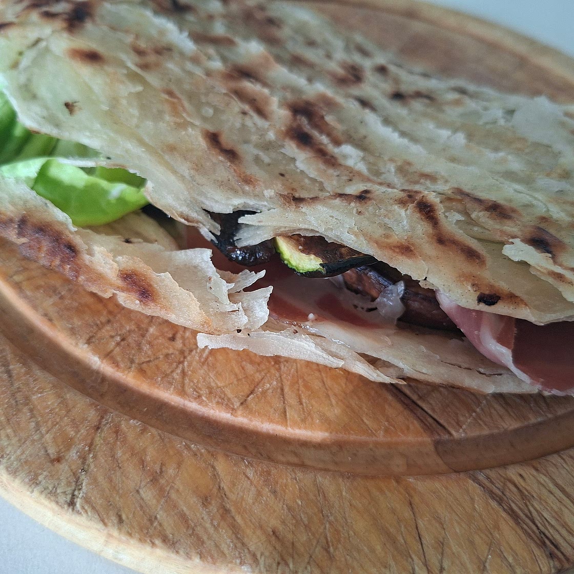 Piadina - Zucchini, Mushrooms, Goat Cheese and Cured Ham