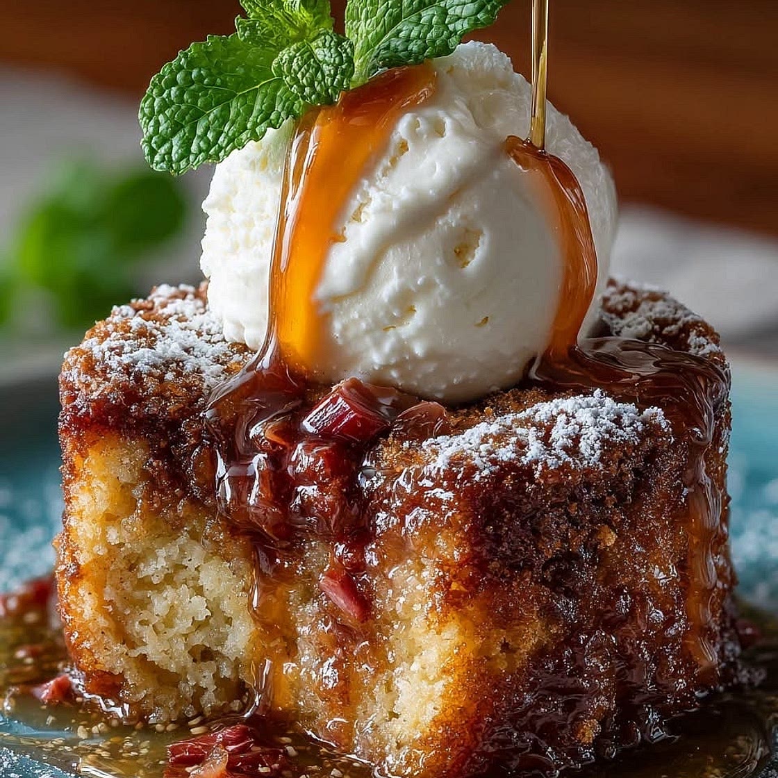 Warm Sticky Rhubarb Pudding Cake with Brown Sugar Crust