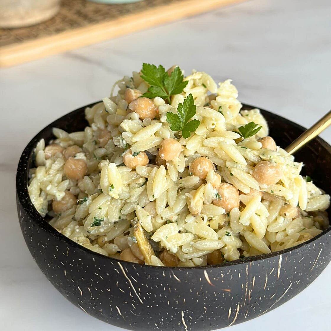 Cold Orzo Salad with Chickpeas and Pine Nuts