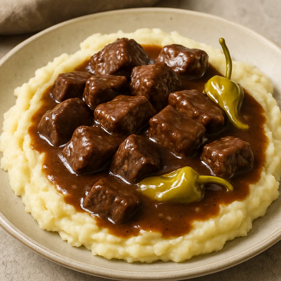 Crockpot Mississippi Beef Bites and Mushroom Gravy Over Mashed Potatoes