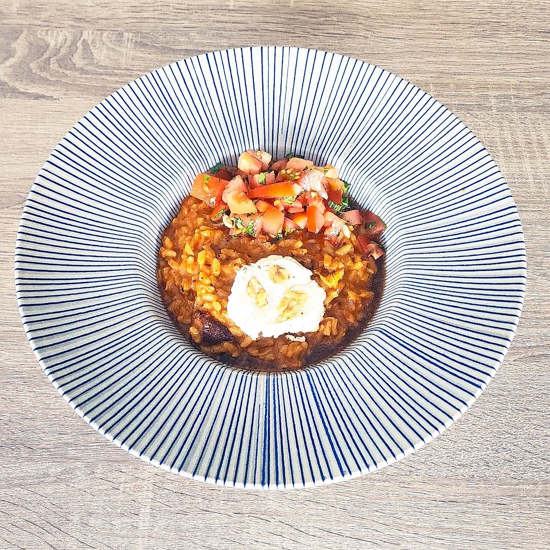 Risotto au poivron rôti et chèvre au miel