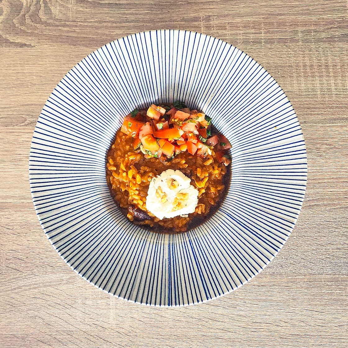 Risotto au poivron rôti et chèvre au miel