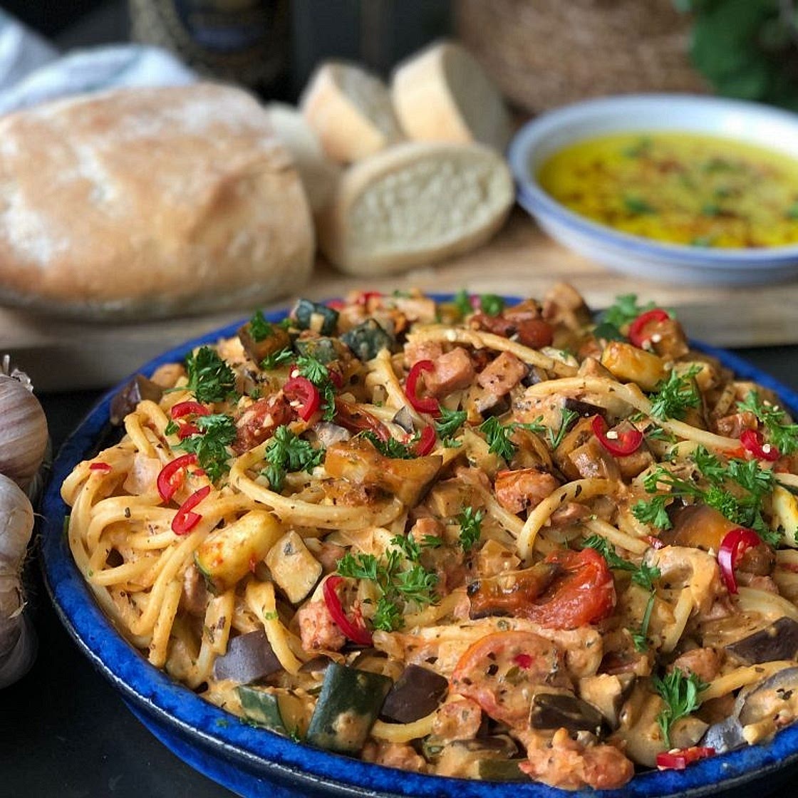 Spaghetti met Boursin en groenten