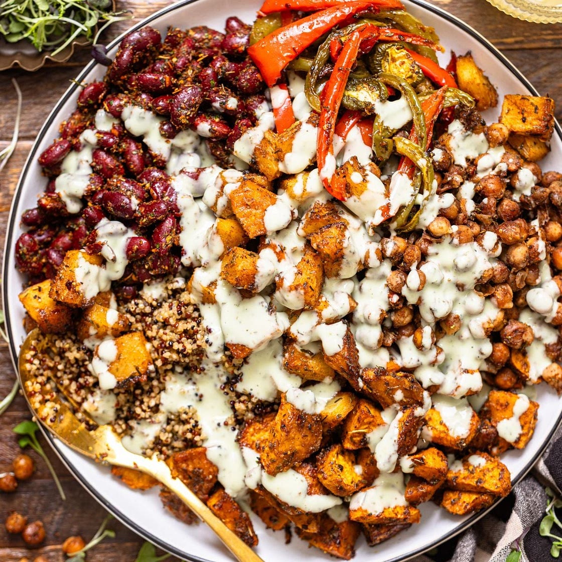High-Protein Jamaican Vegan Power Bowl with Quinoa, Jerk Sweet Potatoes + Chickpeas
