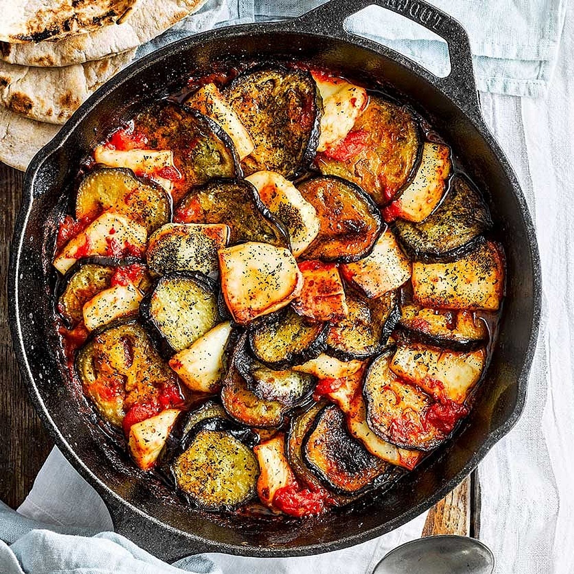 Halloumi, aubergine, tomato & beluga lentil tray bake