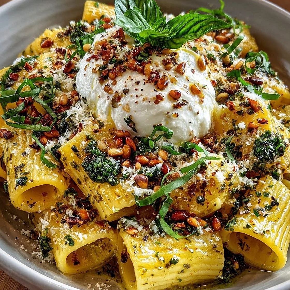 Lemon Basil Rigatoni with Burrata & Roasted Pine Nuts