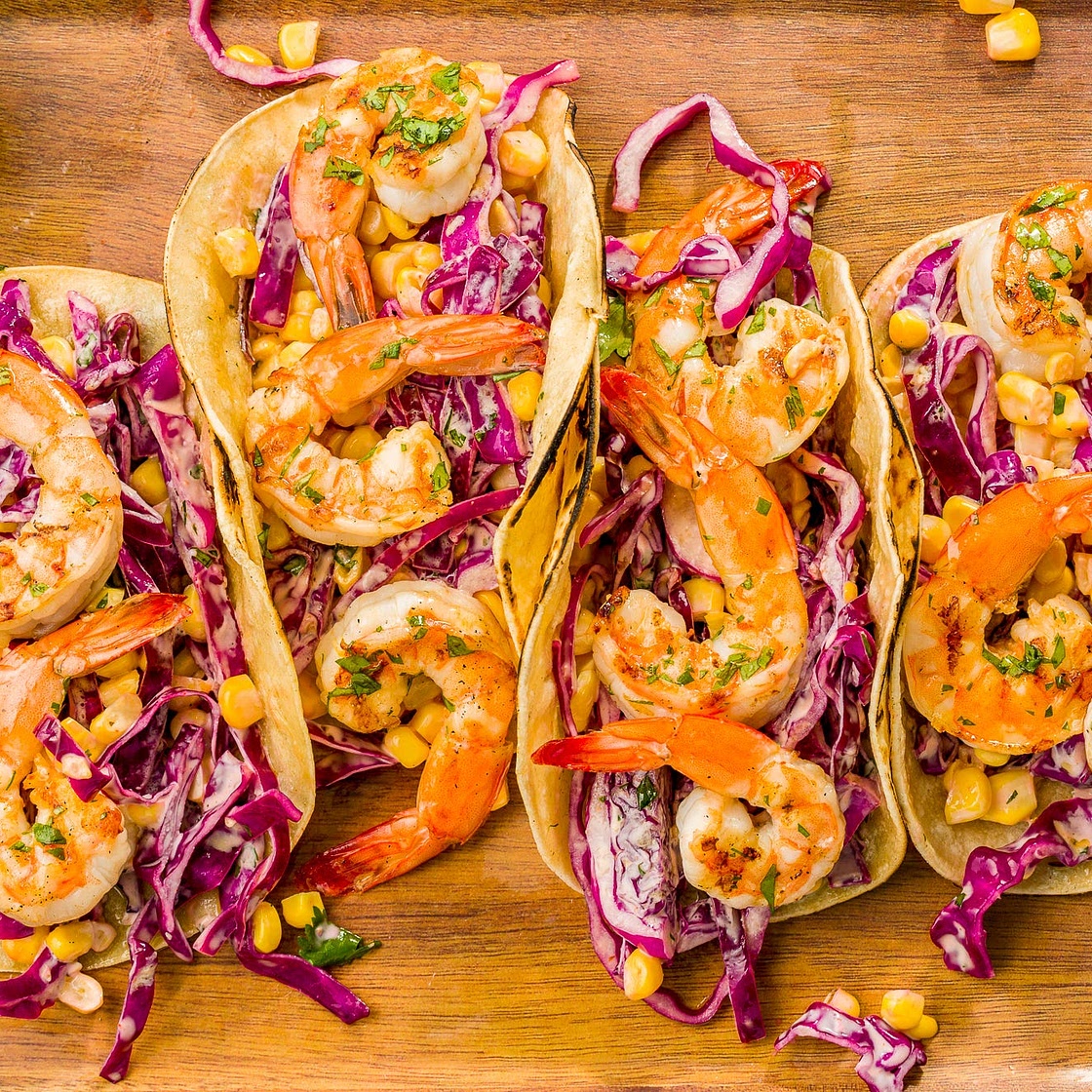 Grilled Shrimp Tacos with Sriracha Slaw
