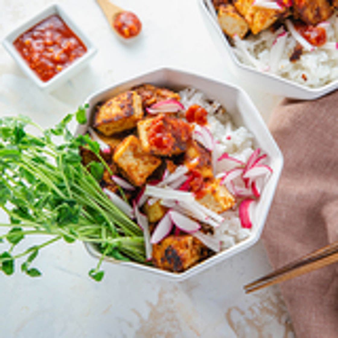 Almond Butter Tofu with Pea Shoots & Sticky Rice