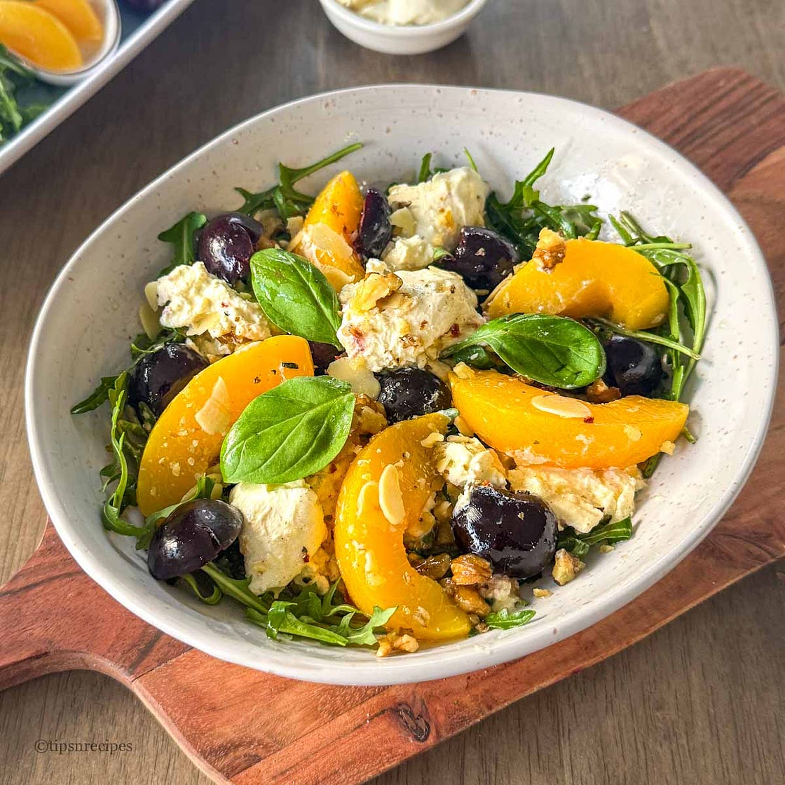 High-Protein Arugula Burrata Salad with Peach and Cherry